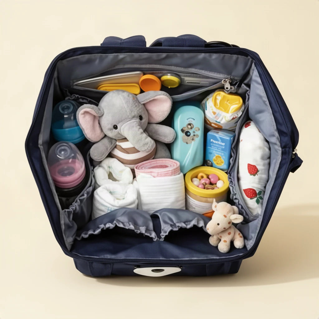 Sac à dos à langer motifs animaux avec attaches poussette intérieur rangé, vu de dessus