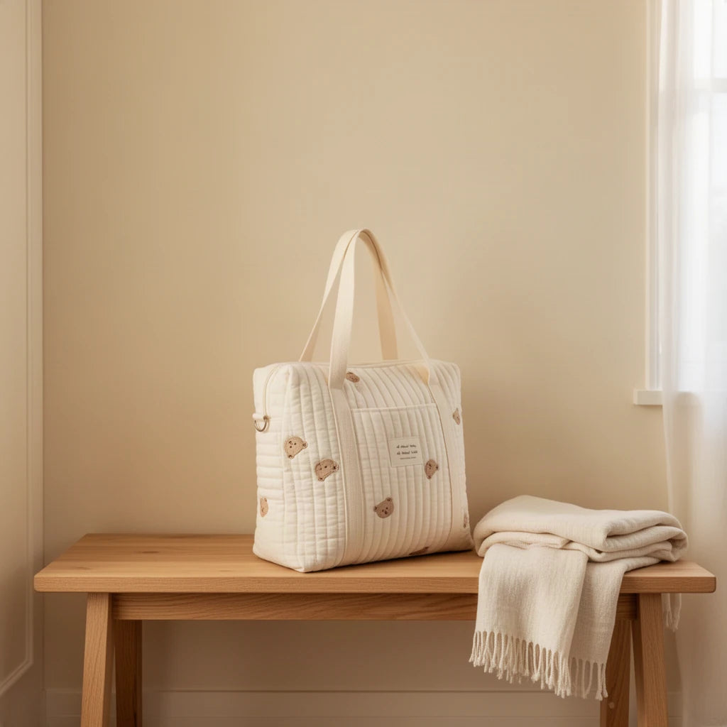 Sac à langer cabas en coton matelassé brodé posé sur un banc dans une entrée