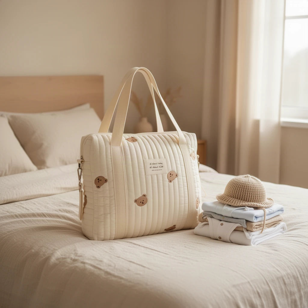 Sac à langer cabas en coton matelassé brodé prêt pour la maternité, posé sur le lit