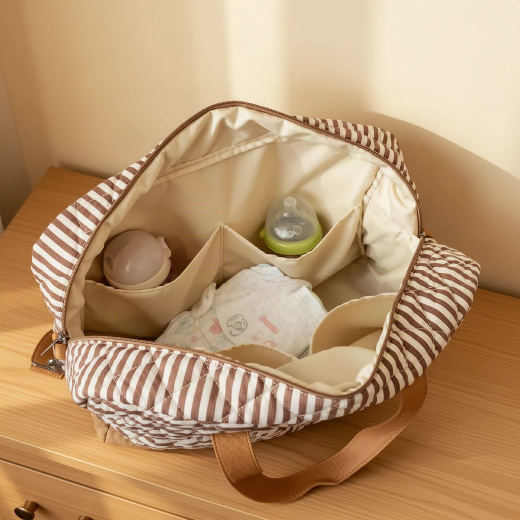 Sac à langer en coton matelassé rayé ouvert, vu de dessus sur une commode