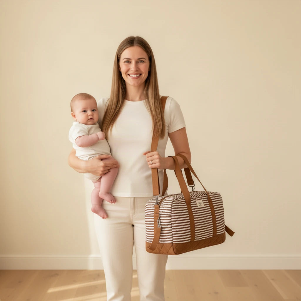 Sac à langer en coton matelassé rayé porté à l’épaule par une maman avec son bébé