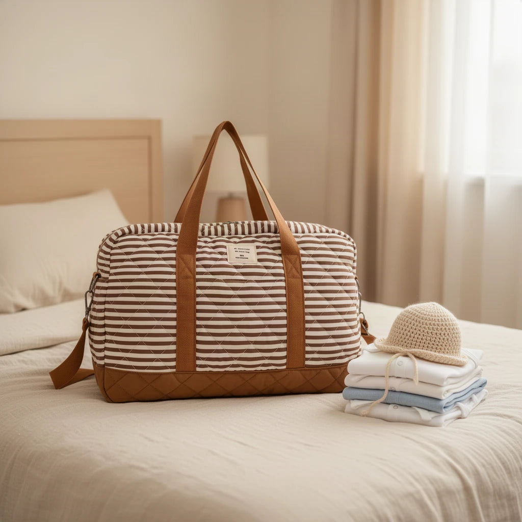 Sac à langer en coton matelassé rayé prêt pour la maternité, posé sur le lit