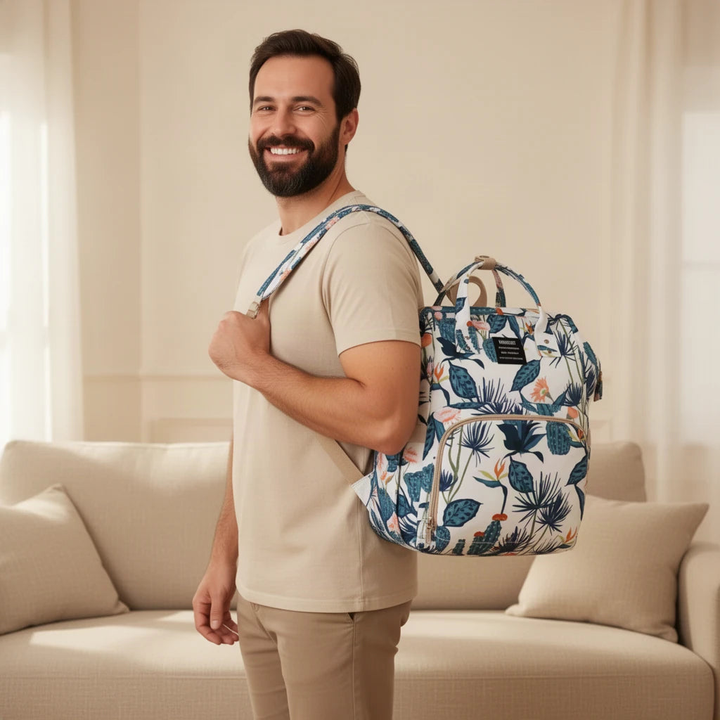 Sac à langer fleuri, sac à dos 15 poches porté sur une épaule