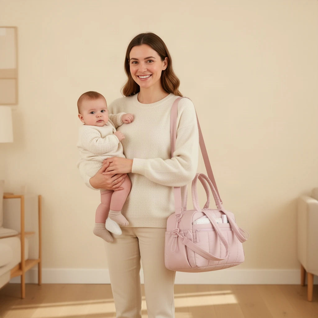 Sac à langer imperméable matelassé porté à l’épaule par une maman avec son bébé