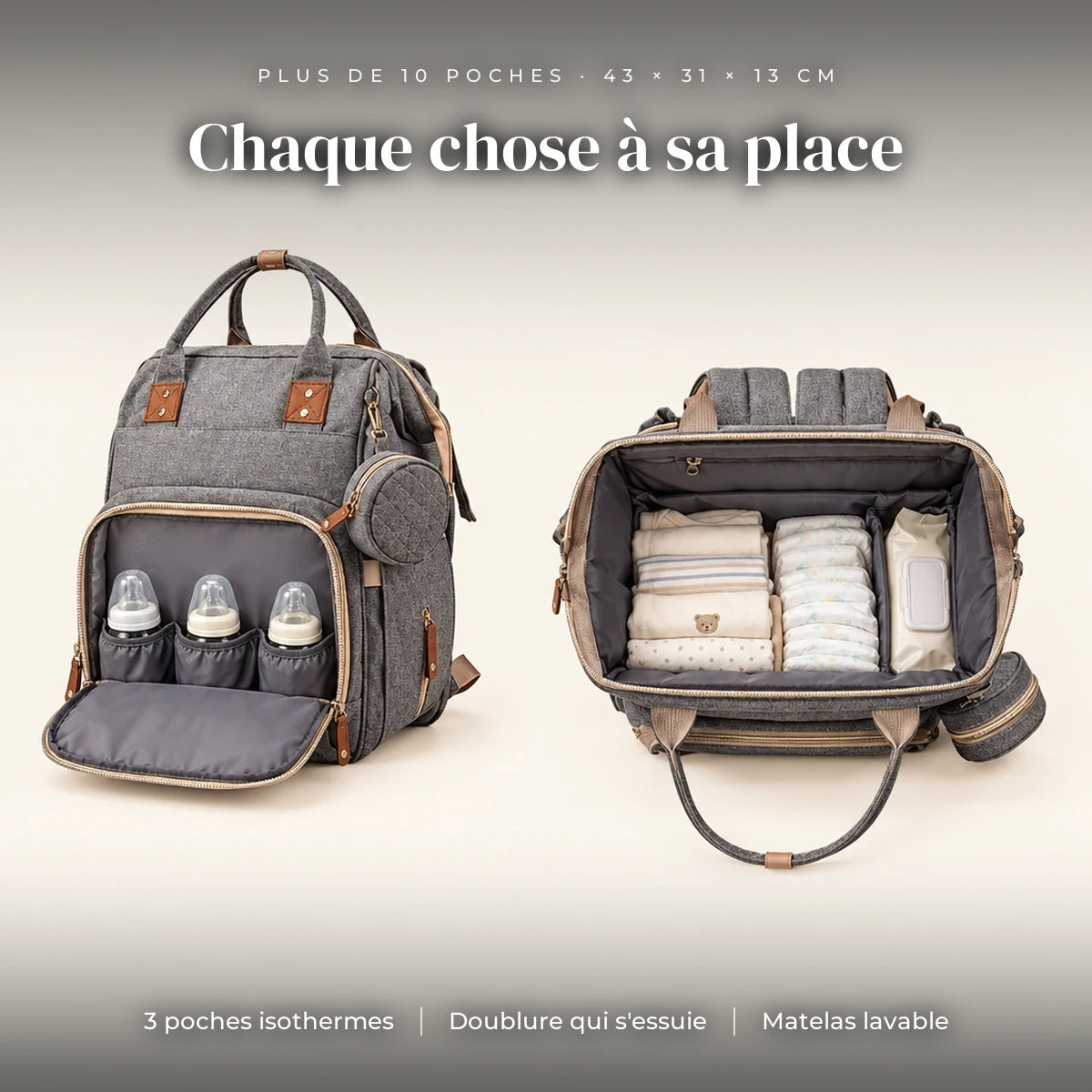 Sac à langer lit 3 en 1 avec matelas lavable ouvert, chaque chose à sa place