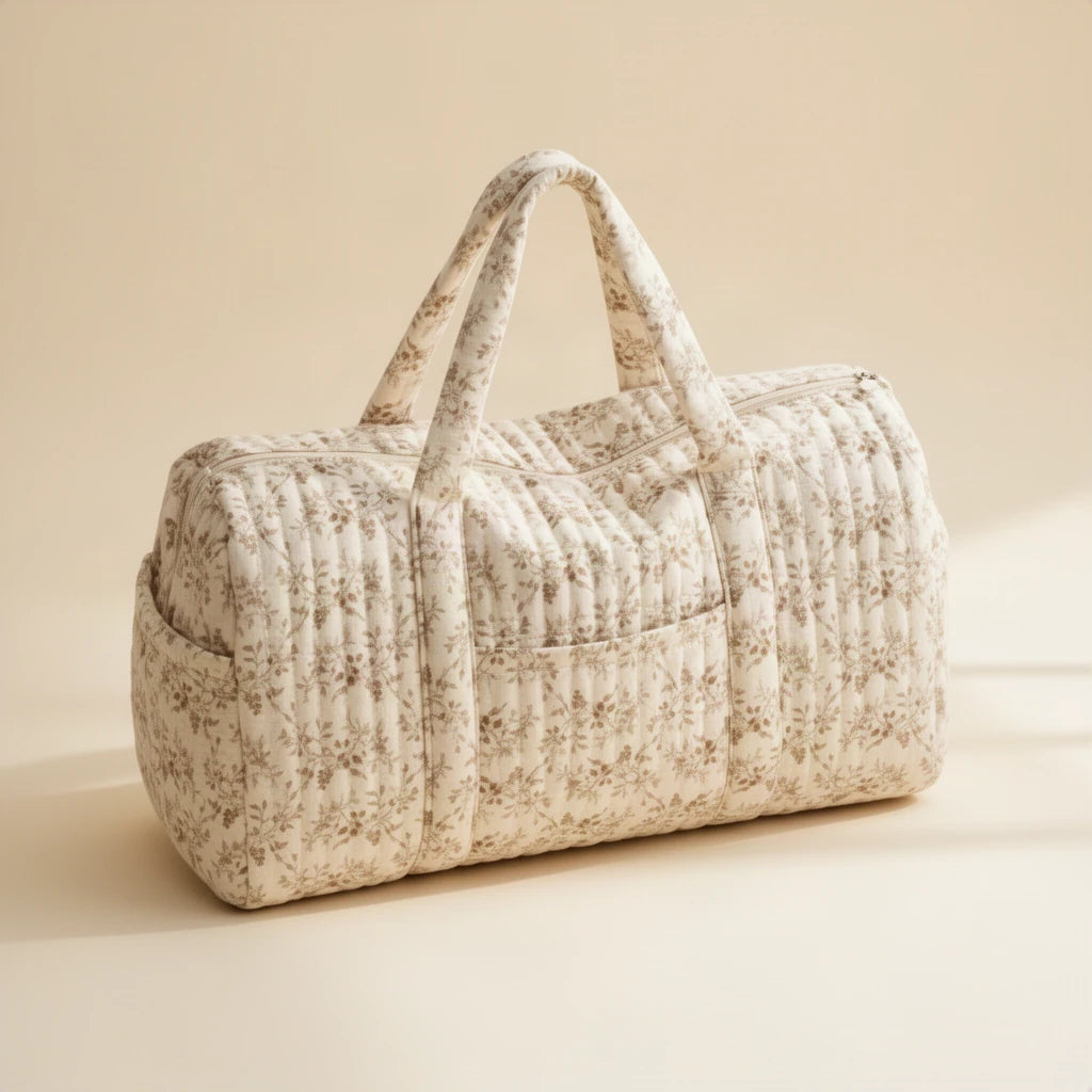 Sac à langer matelassé à fleurs, format week-end sur fond clair