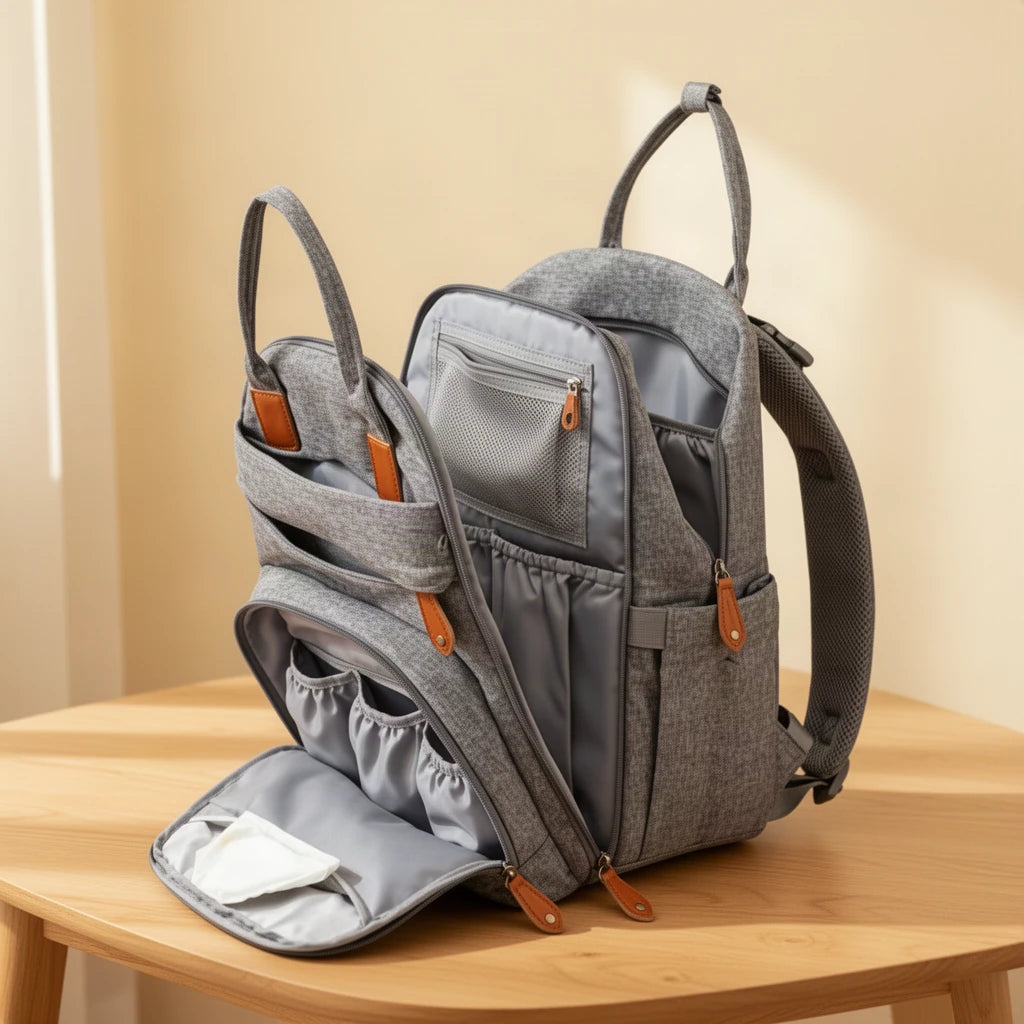 Sac à langer poussette avec port USB et matelas à langer ouvert, posé sur une table