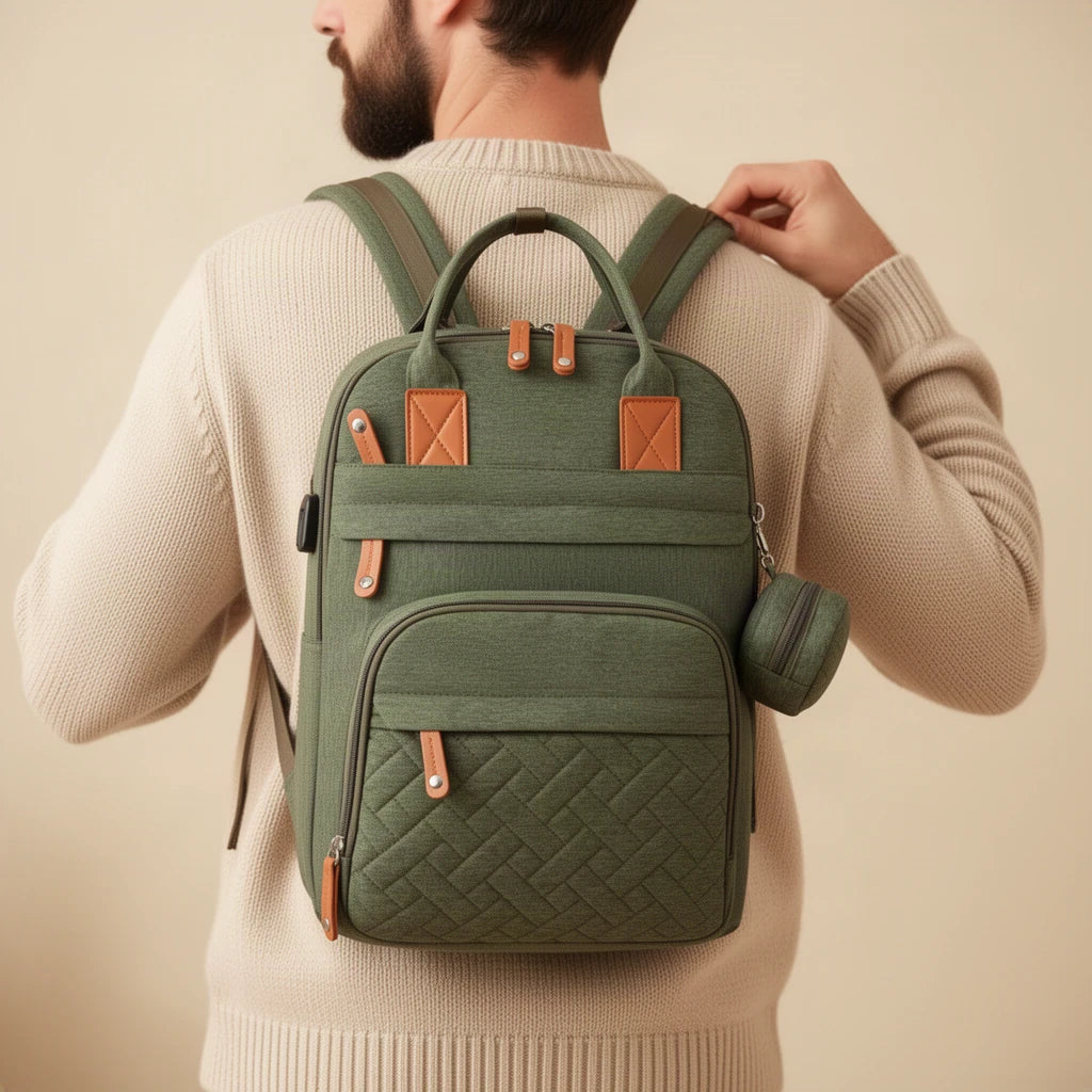 Sac à langer poussette avec port USB et matelas à langer porté sur le dos