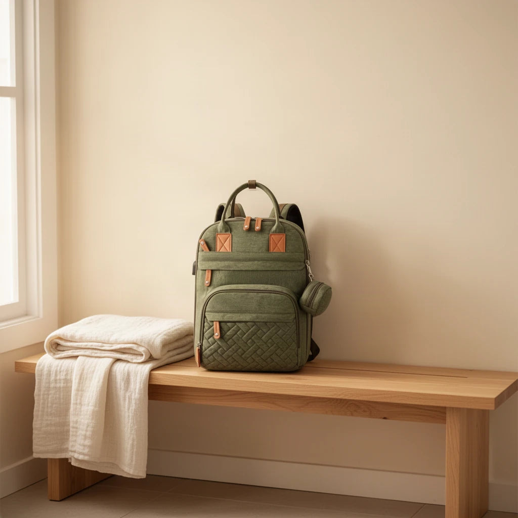 Sac à langer poussette avec port USB et matelas à langer posé sur un banc dans une entrée