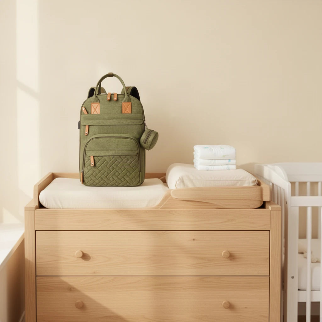 Sac à langer poussette avec port USB et matelas à langer posé sur une commode à langer