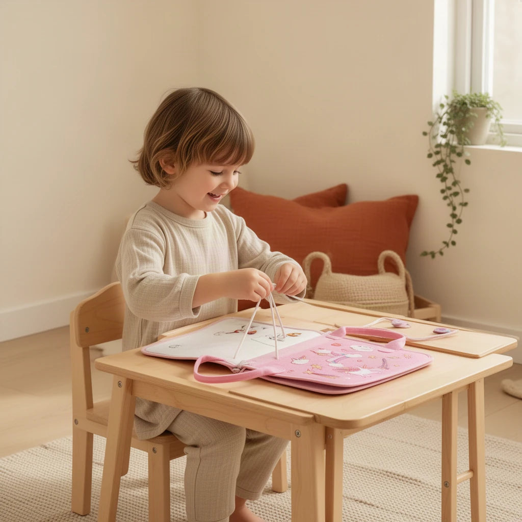 Sac d'activités interactif Montessori : enfant qui joue seul dans sa chambre