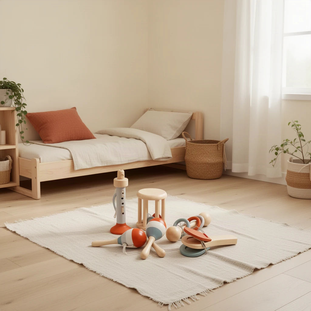 Set d'Instruments de Musique en Bois Montessori dans une chambre Montessori, vue d’ensemble