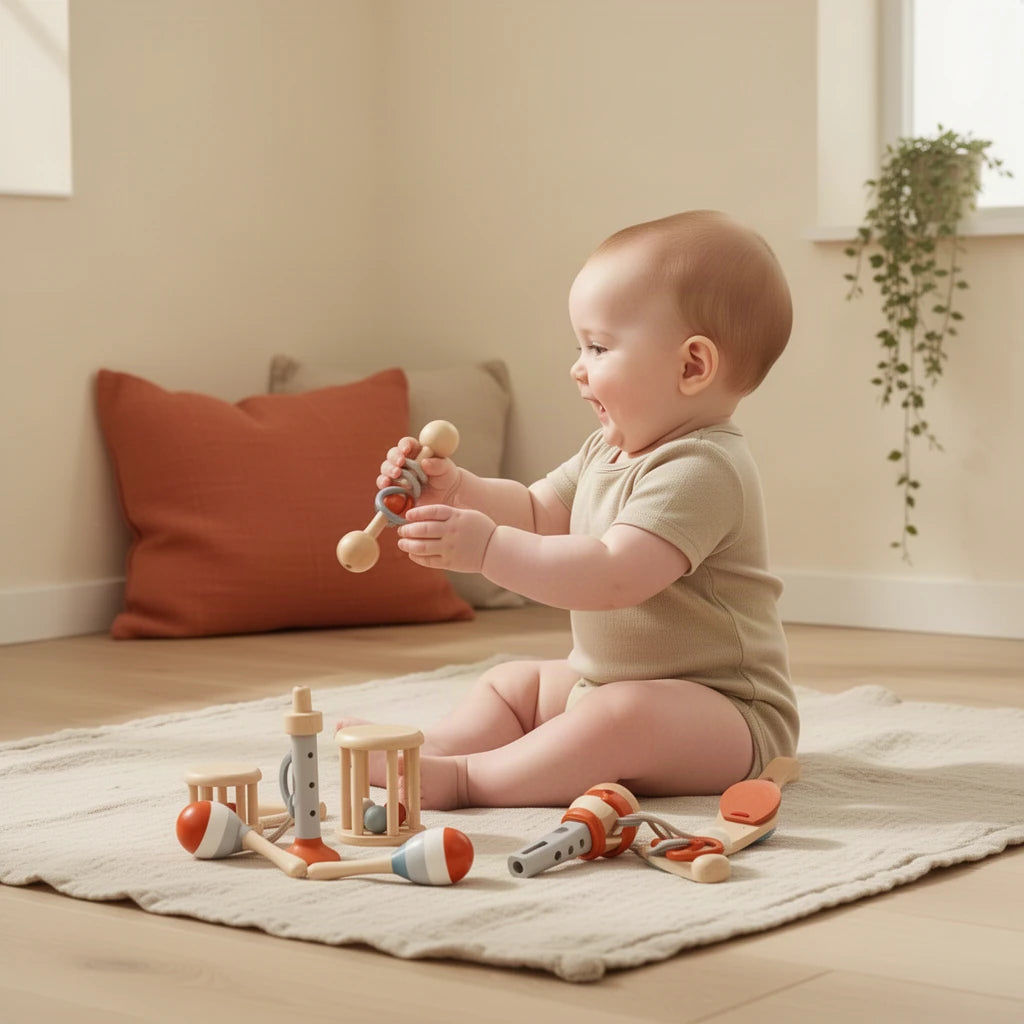 Set d'Instruments de Musique en Bois Montessori : enfant qui joue seul dans sa chambre