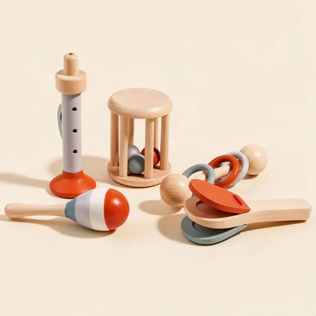 Set d'Instruments de Musique en Bois Montessori sur fond clair