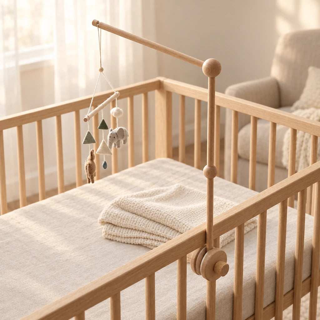 Support en bois pour mobile bébé fixé sur le barreau d’un lit en bois, avec un mobile suspendu
