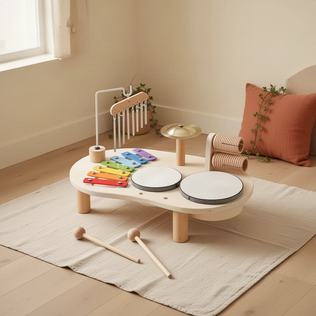Table musicale enfant 6 instruments bois massif dans une chambre d’enfant Montessori