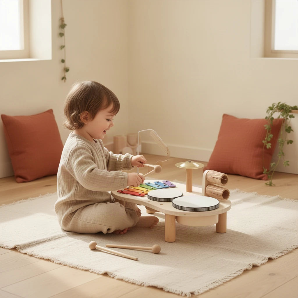Table musicale enfant 6 instruments bois massif : enfant qui joue seul dans sa chambre