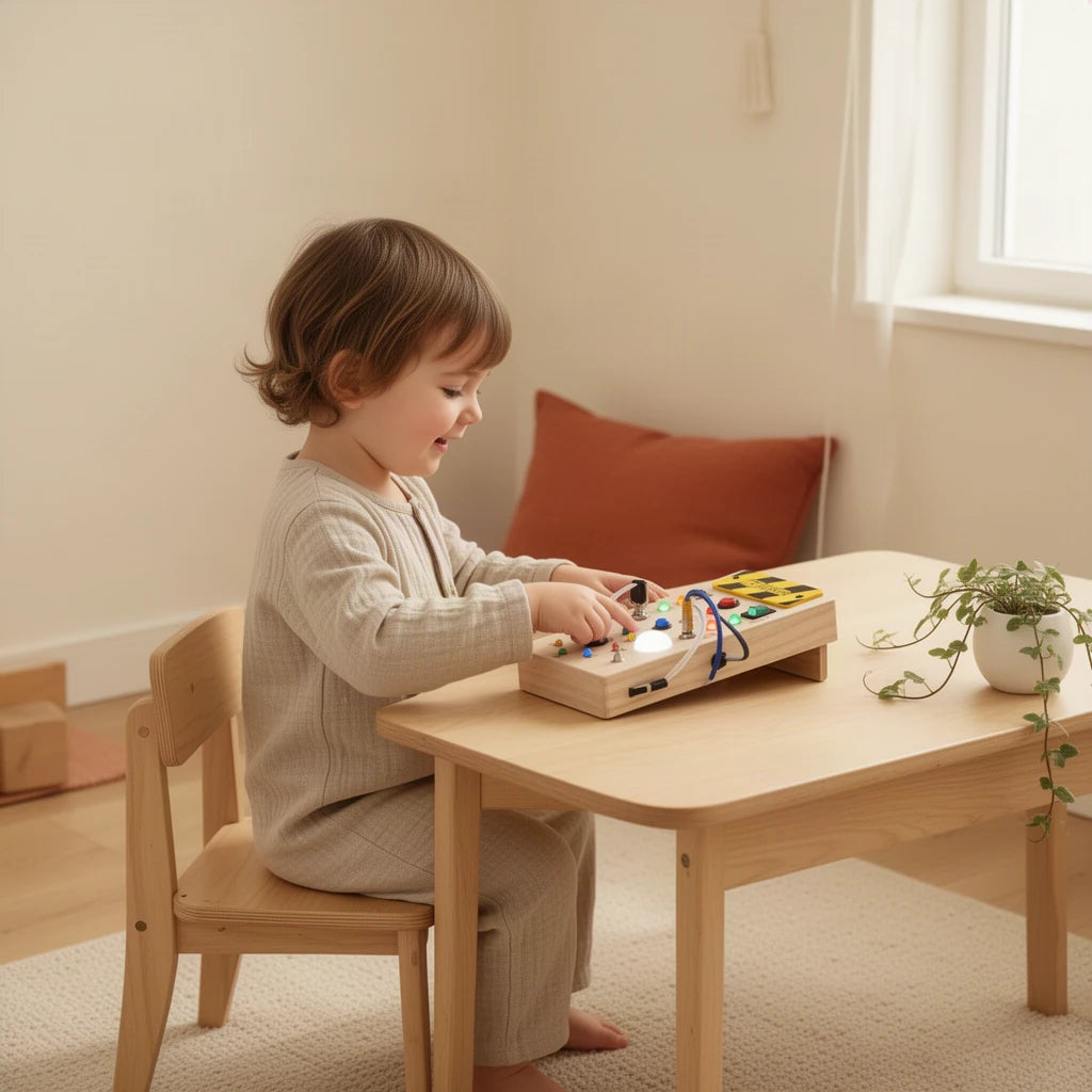 Tableau de Commutation Montessori : enfant qui joue seul dans sa chambre