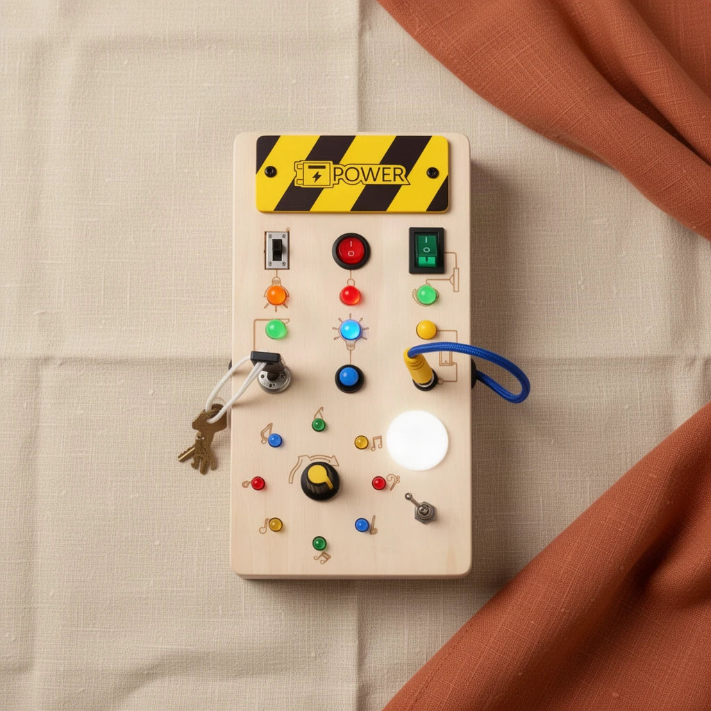 Tableau de Commutation Montessori vu de dessus, posé sur du lin