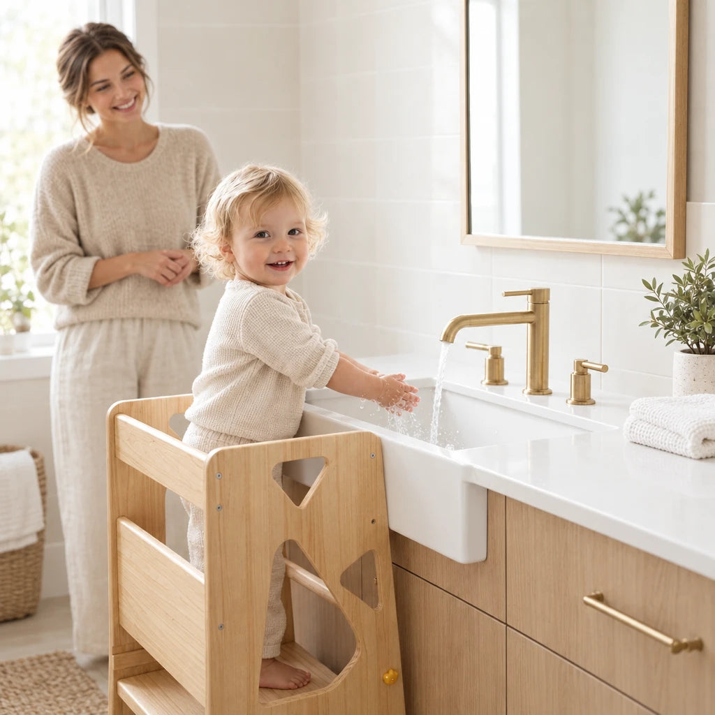 Enfant qui se lave les mains au lavabo, debout dans la tour d’apprentissage