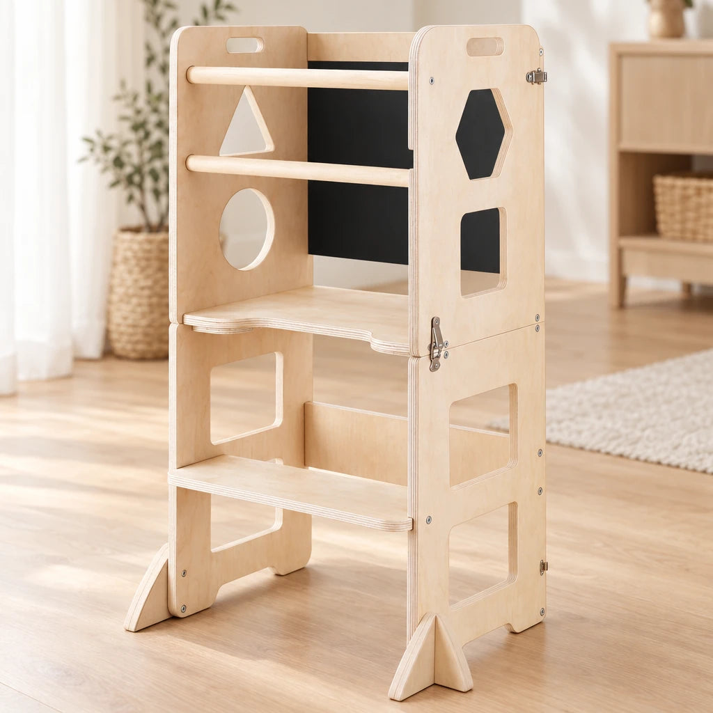 Détail de la base, des pieds et des barres de la tour d’apprentissage pliable