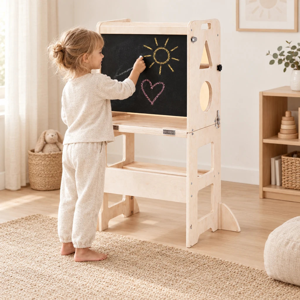 Enfant qui dessine à la craie sur le tableau noir de la tour d’apprentissage pliable