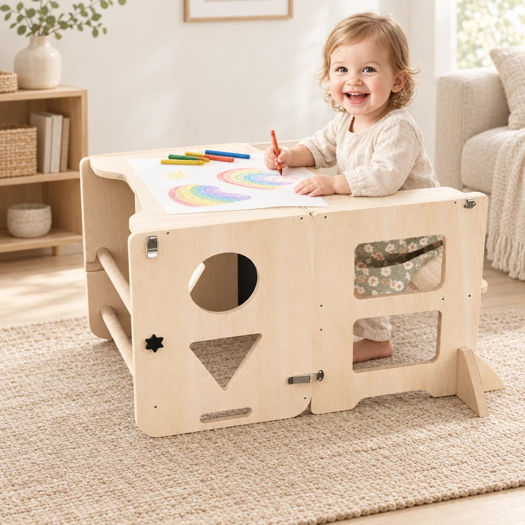 Tour d’apprentissage pliable pliée en table de dessin, enfant qui dessine des arcs-en-ciel