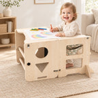 Tour d’apprentissage pliable pliée en table de dessin, enfant qui dessine des arcs-en-ciel