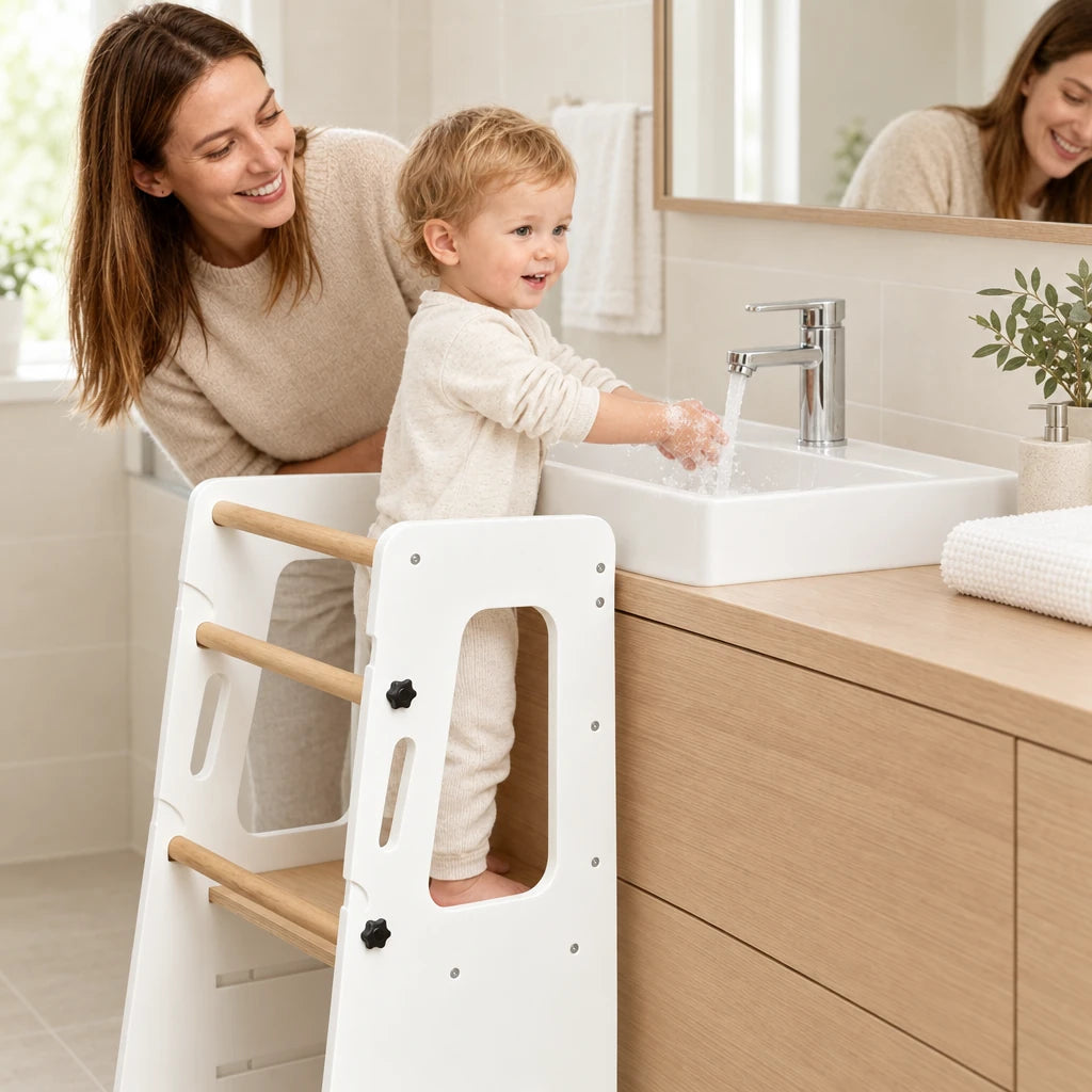 Enfant qui se lave les mains au lavabo, debout dans la tour d’observation