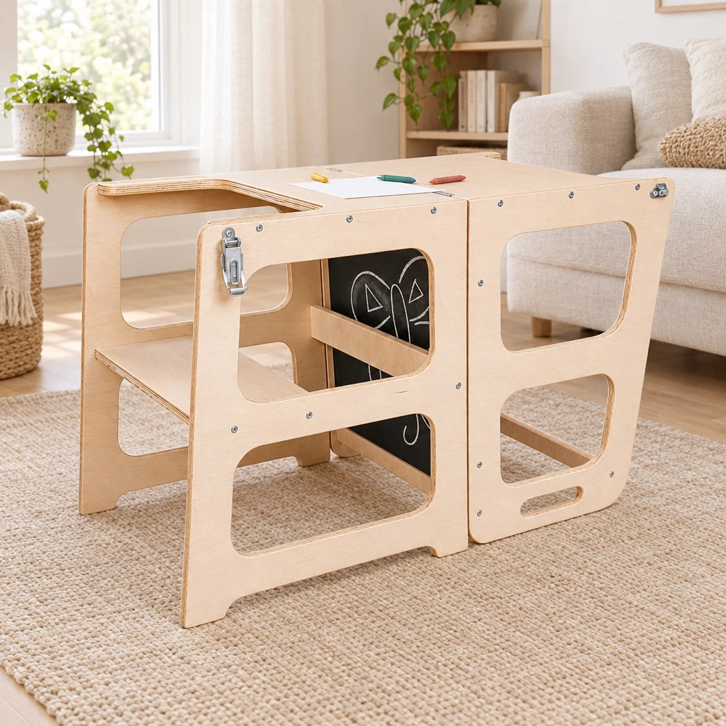 Tour d’observation enfant transformée en table et chaise, enfant qui dessine