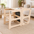 Tour d’observation enfant transformée en table et chaise, enfant qui dessine