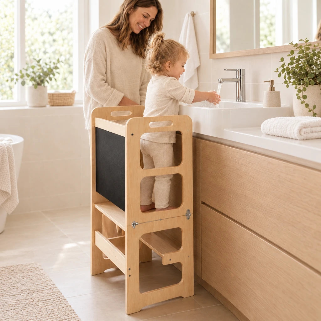 Enfant qui se lave les mains au lavabo, debout dans la tour d’observation enfant
