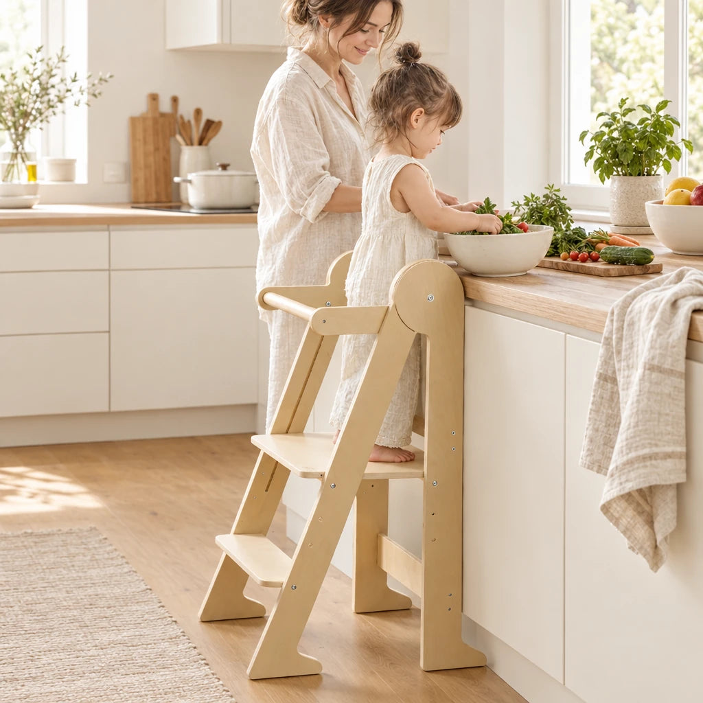 Enfant debout dans la tour d’observation pliable qui aide à cuisiner à côté de sa maman