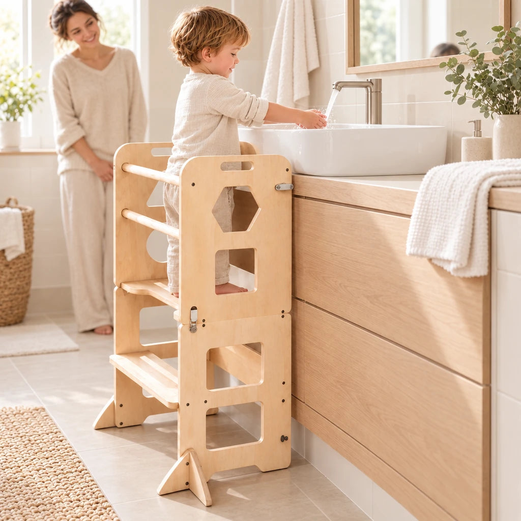 Enfant qui se lave les mains au lavabo, debout dans la tour d’observation pliante