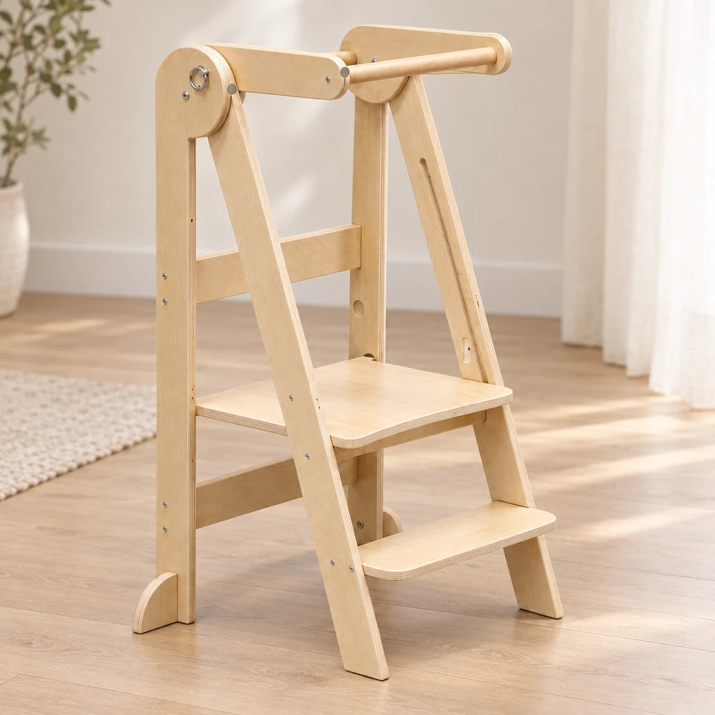 Détail de la base, des pieds et des barres de la tour montessori pliable