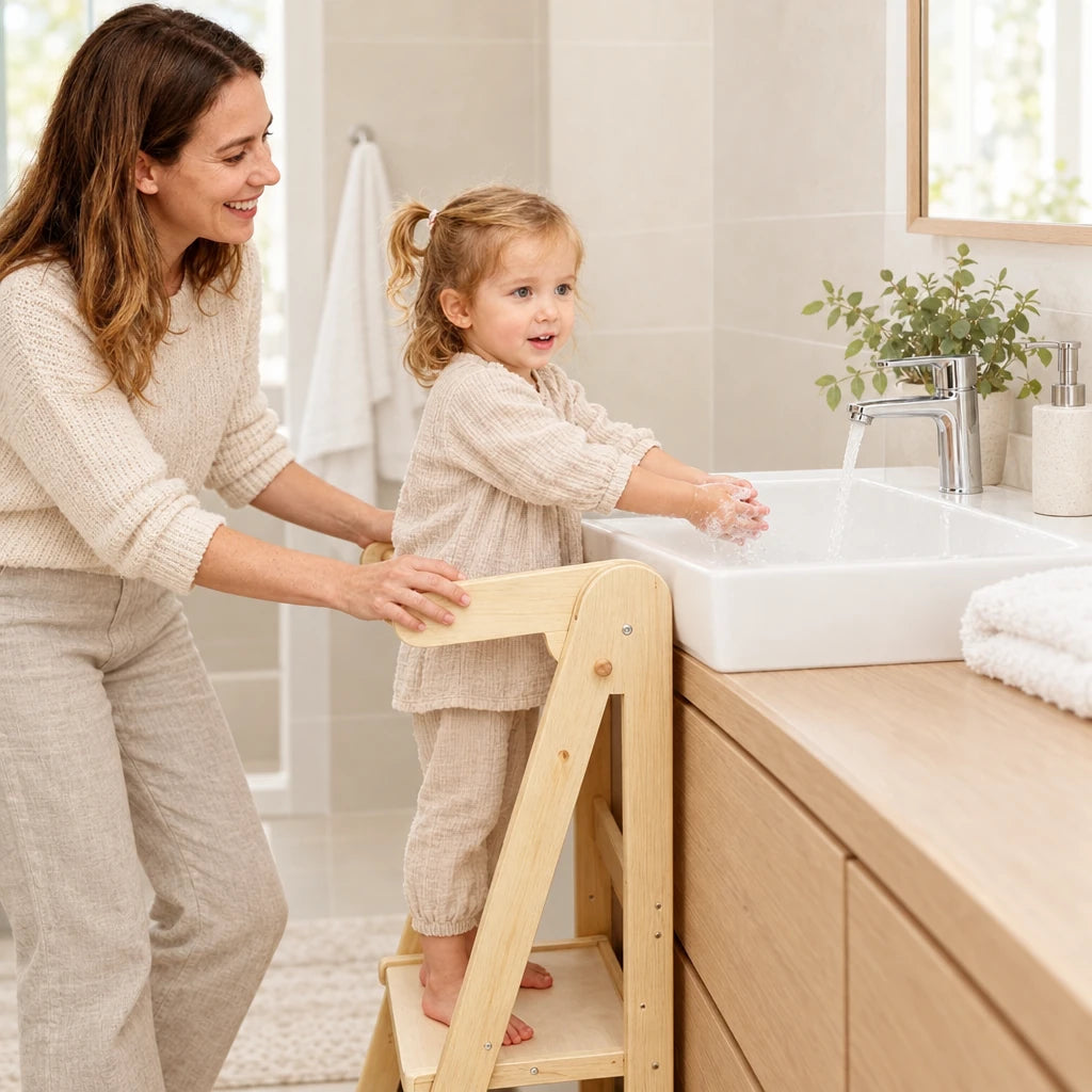 Enfant qui se lave les mains au lavabo, debout dans la tour montessori pliable