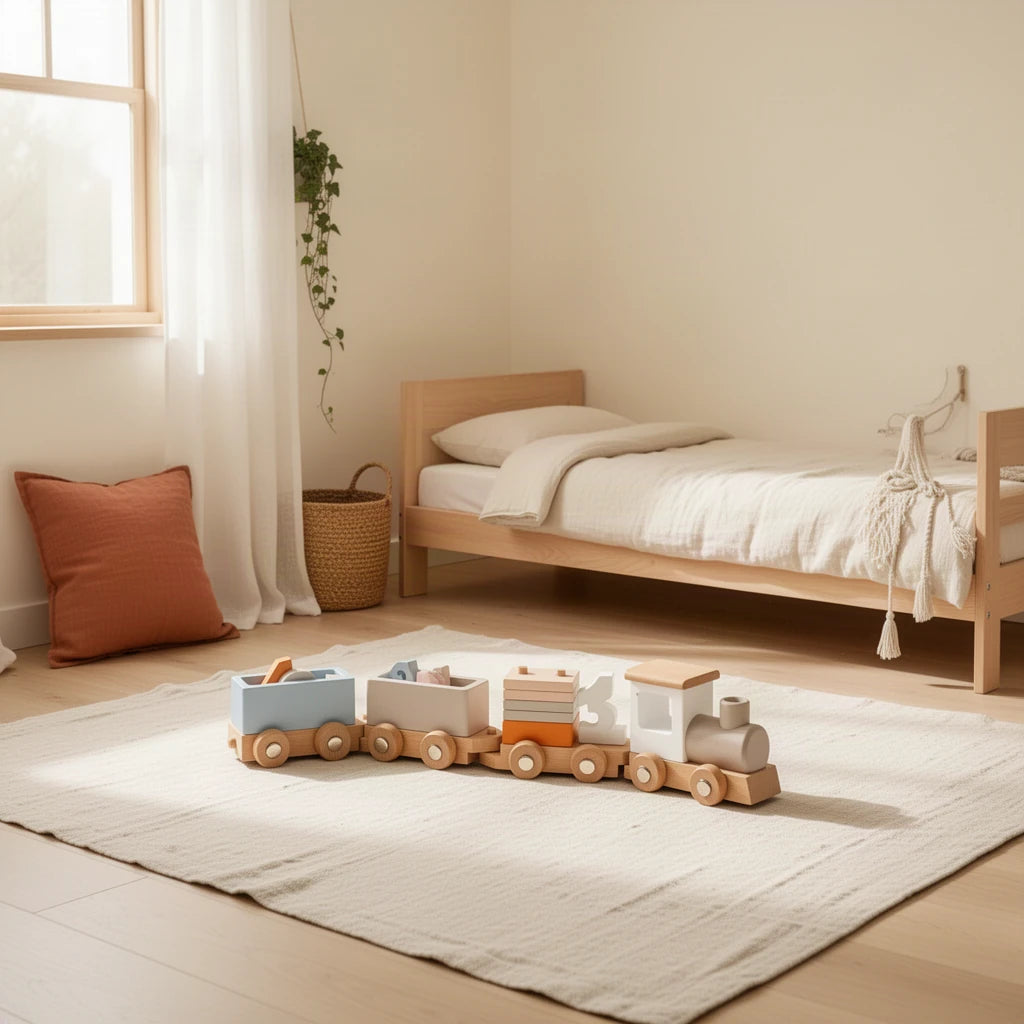 Train en Bois Montessori dans une chambre Montessori, vue d’ensemble