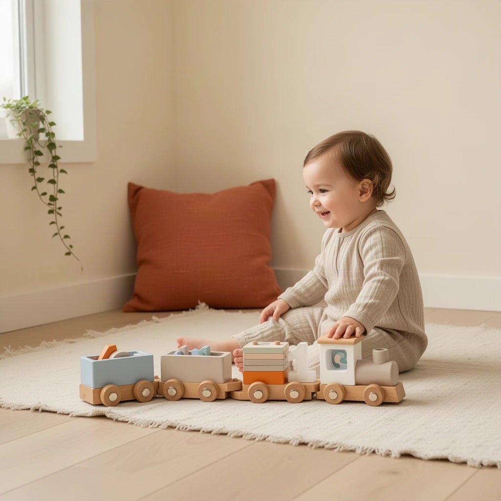 Train en Bois Montessori : enfant qui joue seul dans sa chambre