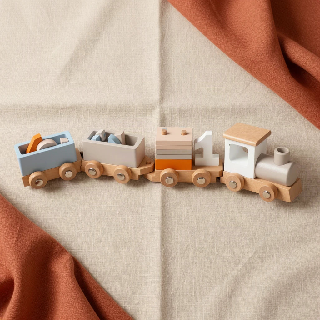 Train en Bois Montessori vu de dessus, posé sur du lin