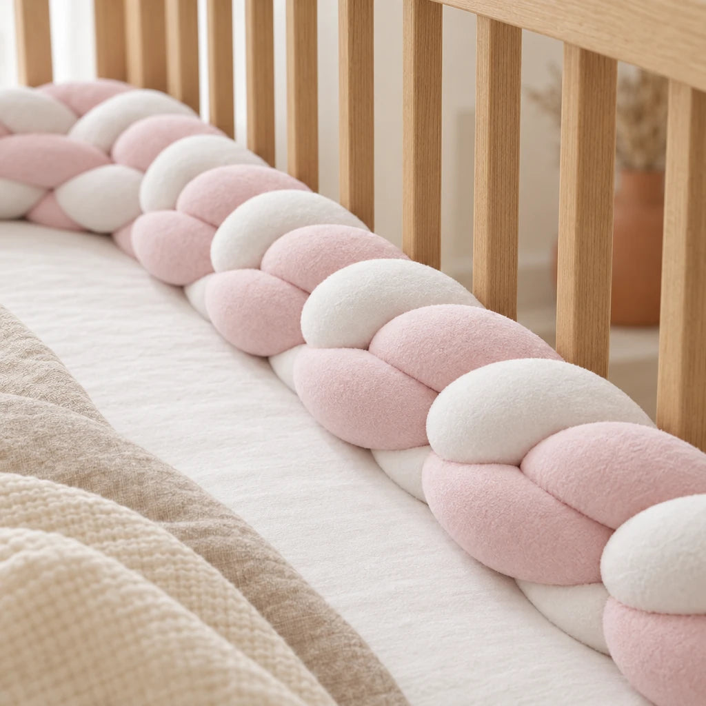 Gros plan sur le tressage de la tresse de lit 3 brins blanche & rose, le long des barreaux