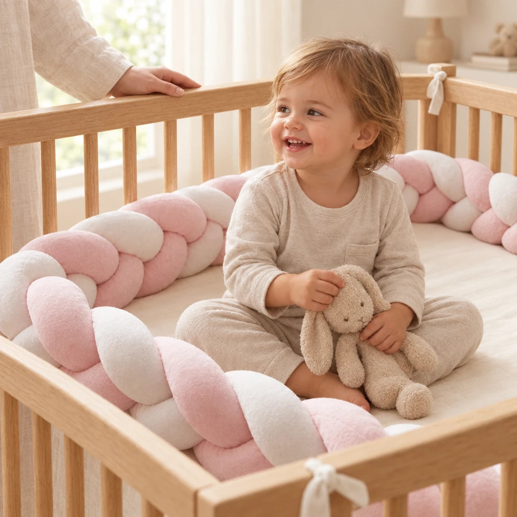Enfant de 18 mois qui joue dans son lit habillé de la tresse de lit 3 brins blanche & rose