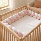 Tresse de lit 3 brins blanche & rose installée dans un lit à barreaux en bois clair