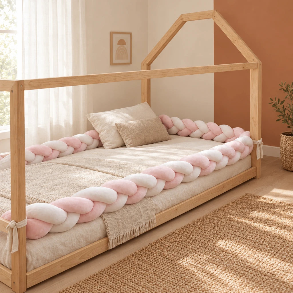 Tresse de lit 3 brins blanche & rose sur un lit cabane en bois