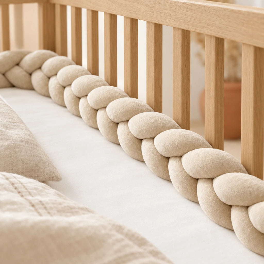 Gros plan sur le tressage de la tresse de lit 3 brins beige, le long des barreaux