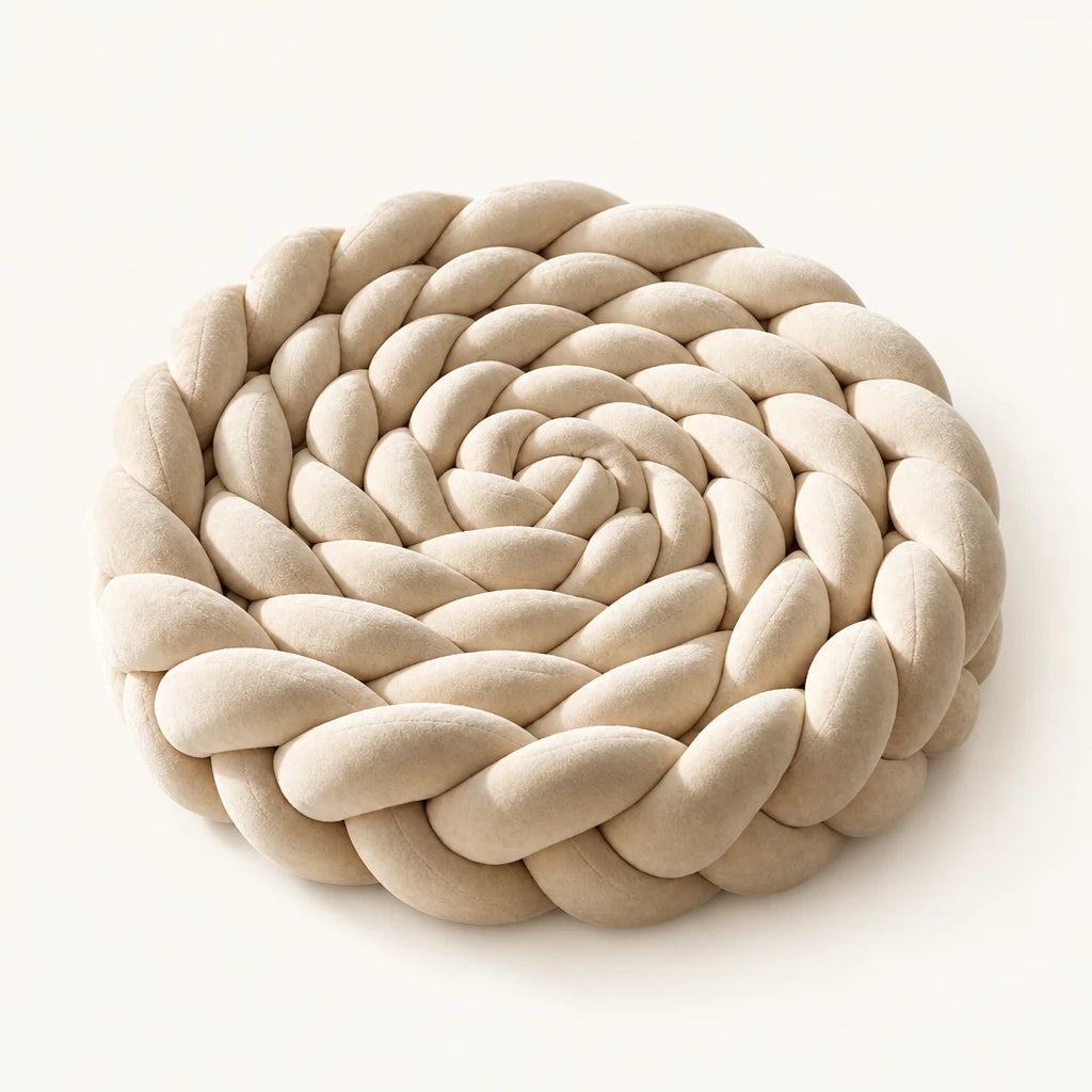 Tresse de lit 3 brins beige enroulée, sur fond clair