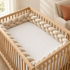 Tresse de lit 3 brins beige installée dans un lit à barreaux en bois clair