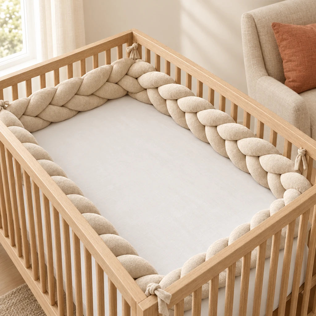 Tresse de lit 3 brins beige installée dans un lit à barreaux en bois clair