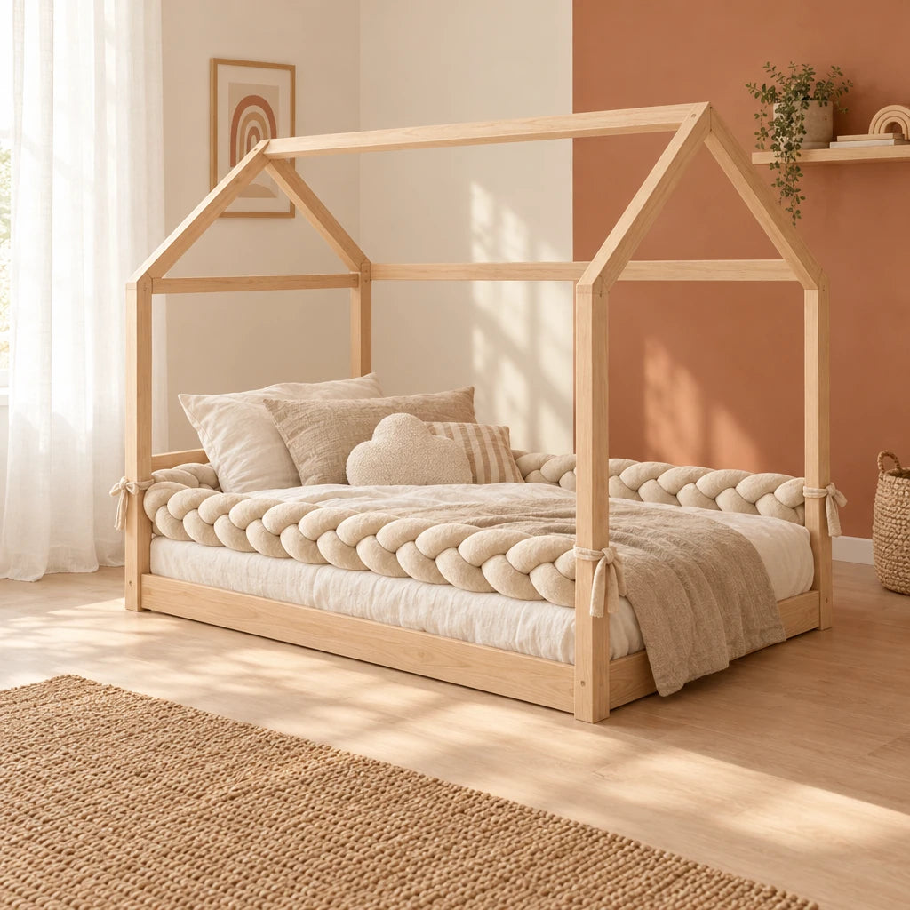 Tresse de lit 3 brins beige sur un lit cabane en bois