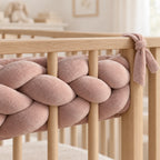 Gros plan sur le tressage de la tresse de lit 3 brins caramel, le long des barreaux