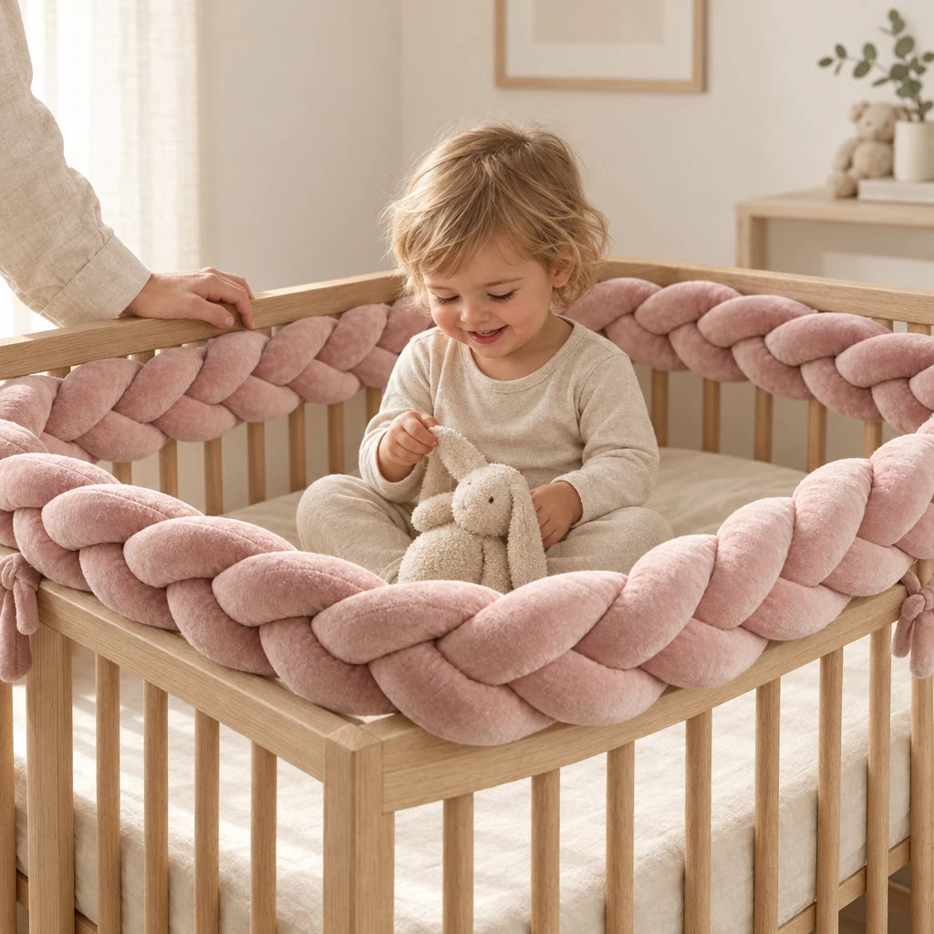 Enfant de 18 mois qui joue dans son lit habillé de la tresse de lit 3 brins caramel